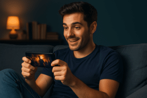 Pessoa jovem assistindo filme no celular à noite em ambiente aconchegante, com iluminação suave e pipoca ao lado.