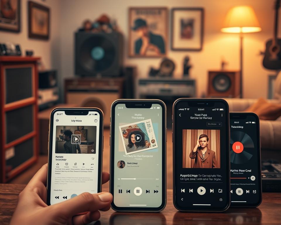 A detailed comparison of classic music apps, showcased against a nostalgic backdrop. In the foreground, multiple smartphone screens display the user interfaces of various music streaming services, each offering a distinct vintage aesthetic. The middle ground features a cozy living room scene, with retro audio equipment, vinyl records, and warm lighting evoking a bygone era. In the background, hazy memories of analog music experiences blend with the digital realm, creating a harmonious fusion of old and new. The overall mood is one of wistful contemplation, inviting the viewer to reminisce about the timeless pleasures of musical exploration. A detailed comparison of classic music apps, showcased against a nostalgic backdrop. In the foreground, multiple smartphone screens display the user interfaces of various music streaming services, each offering a distinct vintage aesthetic. The middle ground features a cozy living room scene, with retro audio equipment, vinyl records, and warm lighting evoking a bygone era. In the background, hazy memories of analog music experiences blend with the digital realm, creating a harmonious fusion of old and new. The overall mood is one of wistful contemplation, inviting the viewer to reminisce about the timeless pleasures of musical exploration.
