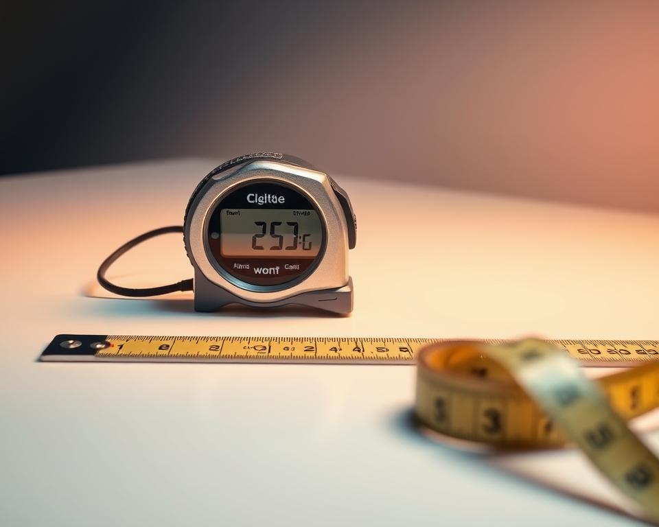 A digital tape measure being carefully calibrated on a clean, well-lit workspace. The device's screen displays precise measurements, its sleek metallic body reflecting the warm, focused lighting. In the foreground, a ruler and measuring tape are neatly arranged, conveying a sense of order and attention to detail. The background features a minimalist, neutral-toned setting, allowing the calibration process to be the central focus. The overall scene exudes a professional, technical atmosphere, suitable for illustrating the step-by-step usage of a digital tape measure app. A digital tape measure being carefully calibrated on a clean, well-lit workspace. The device's screen displays precise measurements, its sleek metallic body reflecting the warm, focused lighting. In the foreground, a ruler and measuring tape are neatly arranged, conveying a sense of order and attention to detail. The background features a minimalist, neutral-toned setting, allowing the calibration process to be the central focus. The overall scene exudes a professional, technical atmosphere, suitable for illustrating the step-by-step usage of a digital tape measure app.