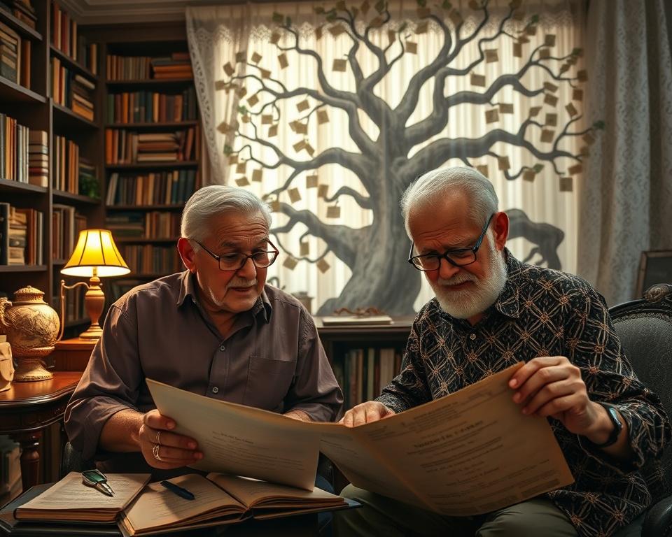 A richly detailed scene of real-life Brazilian genealogical discoveries. In the foreground, an elderly couple poring over old family documents, their expressions full of wonder and nostalgia. Behind them, a cozy study filled with bookshelves, vintage furniture, and a warm glow from a reading lamp. In the background, a sprawling family tree branches out, connecting the past to the present. Soft, diffused lighting filters through lace curtains, creating an intimate, timeless atmosphere. The scene evokes a sense of profound personal connections, the joys and insights of uncovering one's ancestral roots.