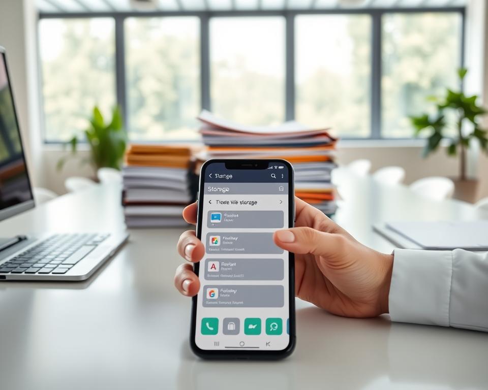 A serene office desk with a smartphone in the foreground, its screen displaying a storage management app. In the middle ground, stacks of folders and documents representing manually organized digital files. The background is a bright, minimalist workspace with large windows letting in natural light, conveying a sense of efficiency and organization. The overall mood is one of productivity and control over digital clutter, with a focus on the user's hands interacting with the phone's interface to free up storage space.