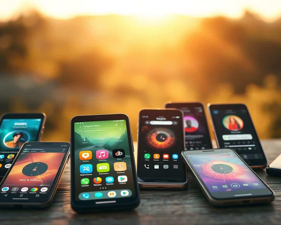 A serene, sun-drenched scene featuring a collection of vibrant, contemporary gospel music apps displayed on the screens of various mobile devices. The foreground showcases the app icons and interfaces in vivid detail, highlighting their intuitive designs and range of features. The middle ground depicts the devices themselves, subtly reflecting the warm lighting and creating a sense of tangibility. In the background, a soft, bokeh-infused landscape sets the mood, evoking a feeling of spiritual tranquility and connection. The overall composition is balanced, with a harmonious color palette and a sense of depth that draws the viewer's eye through the scene. The lighting is natural and diffused, creating a gentle, inviting atmosphere.