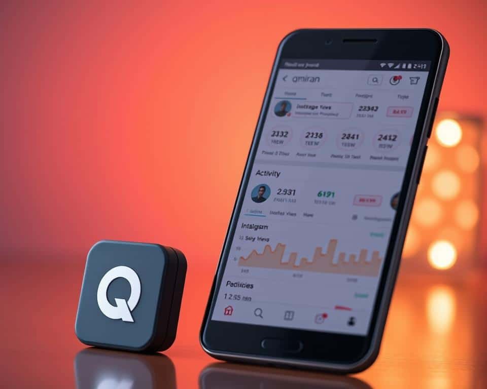 A sleek, modern Android smartphone display showcasing the Qmiran app interface. In the foreground, the Qmiran logo and app icon stand out against a minimalist, gradient background. The middle ground features the app's main monitoring dashboard, with detailed analytics and activity graphs tracking Instagram profile views. The background depicts a stylized Instagram interface, hinting at the app's integration and functionality. Warm lighting casts a subtle glow, creating a premium, professional atmosphere. The overall composition conveys Qmiran's effective and efficient Instagram monitoring capabilities for Android users.