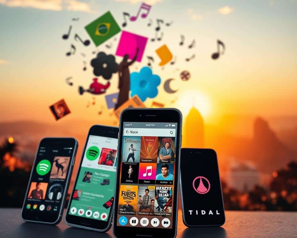 A vibrant and dynamic scene showcasing the diversity of Brazilian music apps. In the foreground, a group of smartphone screens display the logos and interfaces of popular national music apps, such as Spotify, Deezer, and Tidal, all featuring curated playlists and recommendations of classic Brazilian artists and genres. In the middle ground, a kaleidoscopic array of album covers, instrument silhouettes, and music notes float and swirl, creating a sense of movement and rhythm. The background is a warm, sunset-hued panorama of iconic Brazilian landmarks, like the Christ the Redeemer statue and Sugarloaf Mountain, subtly alluding to the rich cultural heritage that inspires these musical applications. The overall composition conveys a sense of discovery, celebration, and a rediscovery of the best of Brazilian music through the convenience and accessibility of these national music apps.