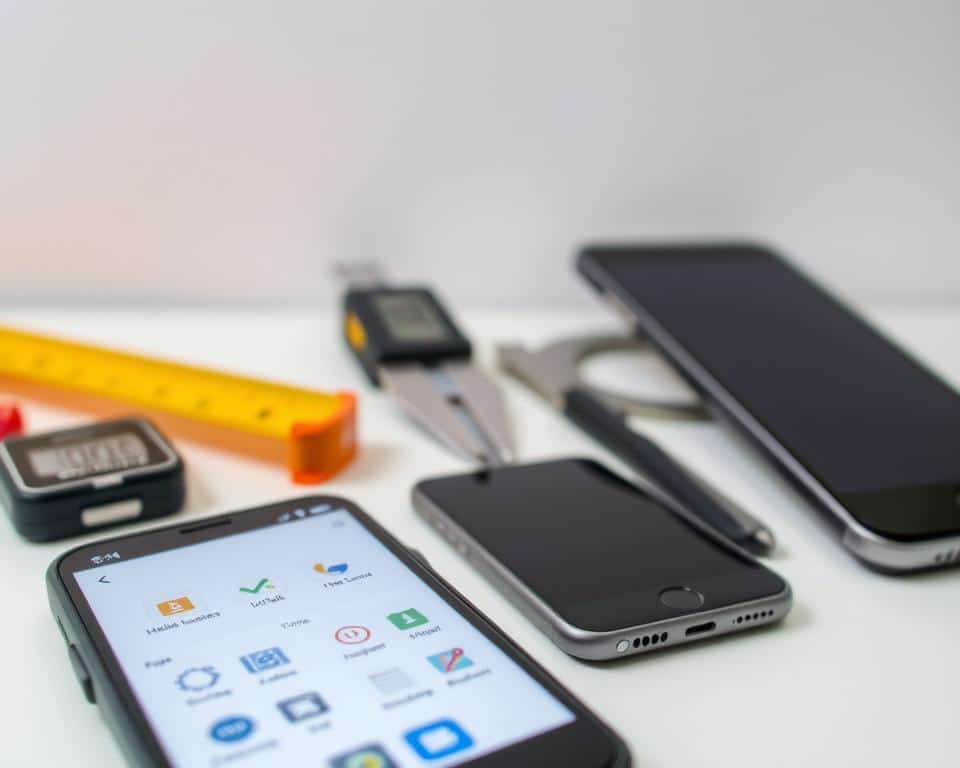 A well-lit, minimalist workspace with a selection of mobile devices and measuring tools arranged in a visually appealing composition. In the foreground, a smartphone screen displays a user interface for a mobile measurement app, its icons and interface elements cleanly designed. The middle ground features various tools like a digital caliper, a tape measure, and a protractor, positioned neatly alongside the devices. The background has a soft, blurred gradient, drawing the focus to the central elements. The overall scene conveys a sense of organization, practicality, and the careful consideration of essential criteria when choosing a measurement app.