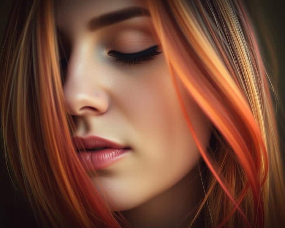 A woman's face in close-up, her eyes closed in serene contemplation as she experiences a "hair vision" transformation. The scene is bathed in soft, warm lighting with a subtle vignette effect, creating an intimate, dreamlike atmosphere. Strands of her hair gradually transition from their natural color to a vivid, striking hue, symbolizing the process of partial transformation. The camera angle captures the transformation at an angle, emphasizing the subject's tranquil, introspective gaze. The background is subtly blurred, keeping the focus on the woman's captivating hair and facial expression. A woman's face in close-up, her eyes closed in serene contemplation as she experiences a "hair vision" transformation. The scene is bathed in soft, warm lighting with a subtle vignette effect, creating an intimate, dreamlike atmosphere. Strands of her hair gradually transition from their natural color to a vivid, striking hue, symbolizing the process of partial transformation. The camera angle captures the transformation at an angle, emphasizing the subject's tranquil, introspective gaze. The background is subtly blurred, keeping the focus on the woman's captivating hair and facial expression.