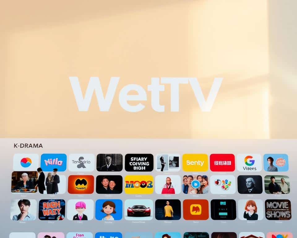 Detailed and visually engaging interface of the WeTV platform, showcasing a variety of content categories in a clean, organized layout. The foreground features a grid of colorful app icons representing different genres such as K-drama, movies, variety shows, and more, inviting the user to explore the extensive library. The middle ground depicts a subtle gradient background, creating depth and a sense of sophistication. Warm, natural lighting illuminates the scene, conveying a welcoming and user-friendly atmosphere. The composition is balanced, with a minimalist approach that emphasizes the platform's intuitive navigation and diverse content offerings.