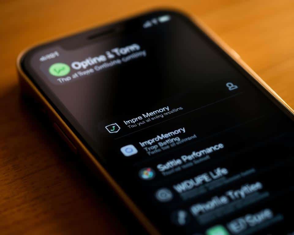 A close-up shot of an iPhone screen showcasing a sleek and intuitive optimization app interface. The app's icons and menus are displayed in a minimalist, high-contrast design, highlighting key features for improving memory, battery life, and overall device performance. The screen is bathed in a warm, soft lighting, creating a sense of focus and clarity. The background is blurred, drawing the viewer's attention to the carefully crafted user experience of the optimization app. The overall composition conveys a sense of efficiency, control, and the empowerment of the iPhone user. A close-up shot of an iPhone screen showcasing a sleek and intuitive optimization app interface. The app's icons and menus are displayed in a minimalist, high-contrast design, highlighting key features for improving memory, battery life, and overall device performance. The screen is bathed in a warm, soft lighting, creating a sense of focus and clarity. The background is blurred, drawing the viewer's attention to the carefully crafted user experience of the optimization app. The overall composition conveys a sense of efficiency, control, and the empowerment of the iPhone user.