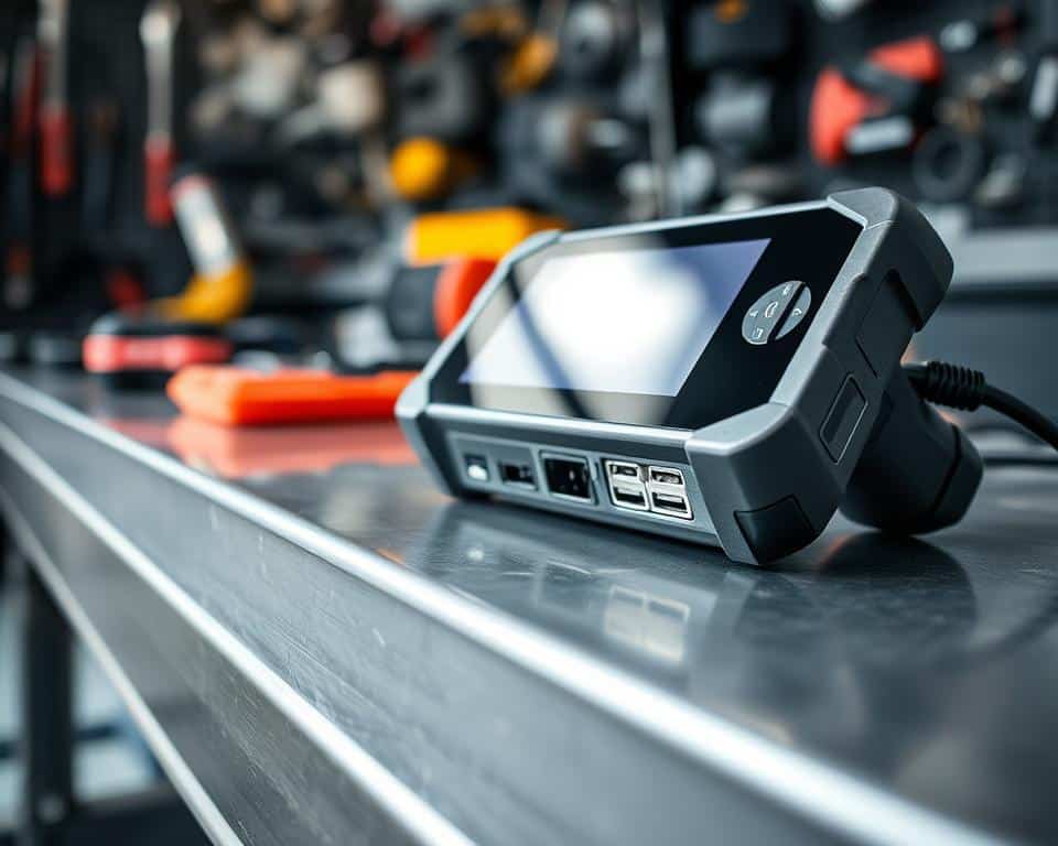 A close-up view of an automotive diagnostic scanner device, resting on a metal workbench. The scanner's sleek, ergonomic design features a high-resolution display and intuitive controls. Crisp, natural lighting illuminates the various ports and connectors, showcasing its functionality. In the background, a blurred assortment of automotive tools and equipment suggest a professional mechanic's workshop, evoking a sense of technical expertise and problem-solving. The overall scene conveys the essential features and capabilities of a modern, versatile automotive scanner, suitable for the "Recursos Essenciais que Você Deve Procurar" section of the article.