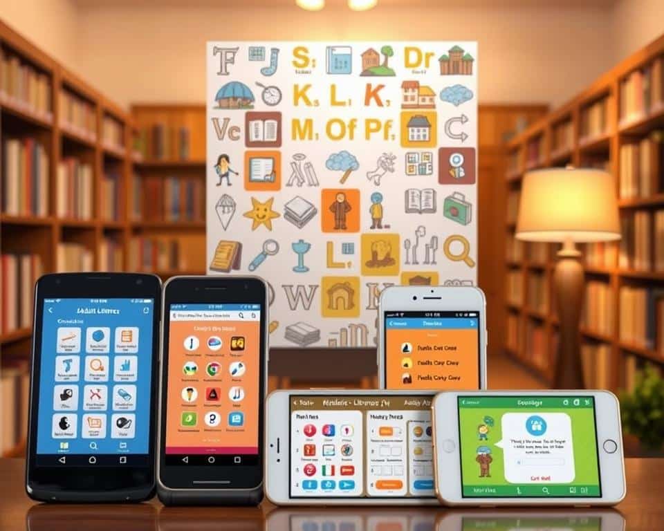 A comparative analysis of popular adult literacy apps, showcased against a warm, inviting backdrop. In the foreground, several mobile devices display the user interfaces of top-rated literacy apps, each with a distinct color palette and intuitive design. The middle ground features a collage of educational illustrations, such as alphabets, word puzzles, and interactive learning tools. The background depicts a cozy, library-like setting, with bookshelves, soft lighting, and a sense of intellectual engagement. The overall composition conveys the idea of a comprehensive and user-friendly suite of digital resources for adult literacy learners. A comparative analysis of popular adult literacy apps, showcased against a warm, inviting backdrop. In the foreground, several mobile devices display the user interfaces of top-rated literacy apps, each with a distinct color palette and intuitive design. The middle ground features a collage of educational illustrations, such as alphabets, word puzzles, and interactive learning tools. The background depicts a cozy, library-like setting, with bookshelves, soft lighting, and a sense of intellectual engagement. The overall composition conveys the idea of a comprehensive and user-friendly suite of digital resources for adult literacy learners.