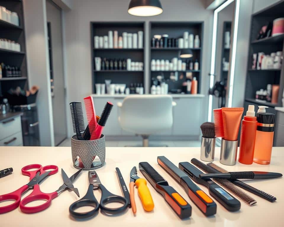 A cozy, well-lit beauty salon interior featuring various hairstyling tools and accessories neatly arranged on a sleek, modern countertop. In the foreground, a selection of scissors, combs, and brushes in an array of vibrant colors are displayed artfully. In the middle ground, a stylish, adjustable salon chair sits ready for a client. The background showcases shelves stocked with high-end hair care products, creating a sense of professionalism and attention to detail. The overall scene conveys a welcoming, spa-like ambiance that invites the viewer to imagine the possibilities of hair transformations.
