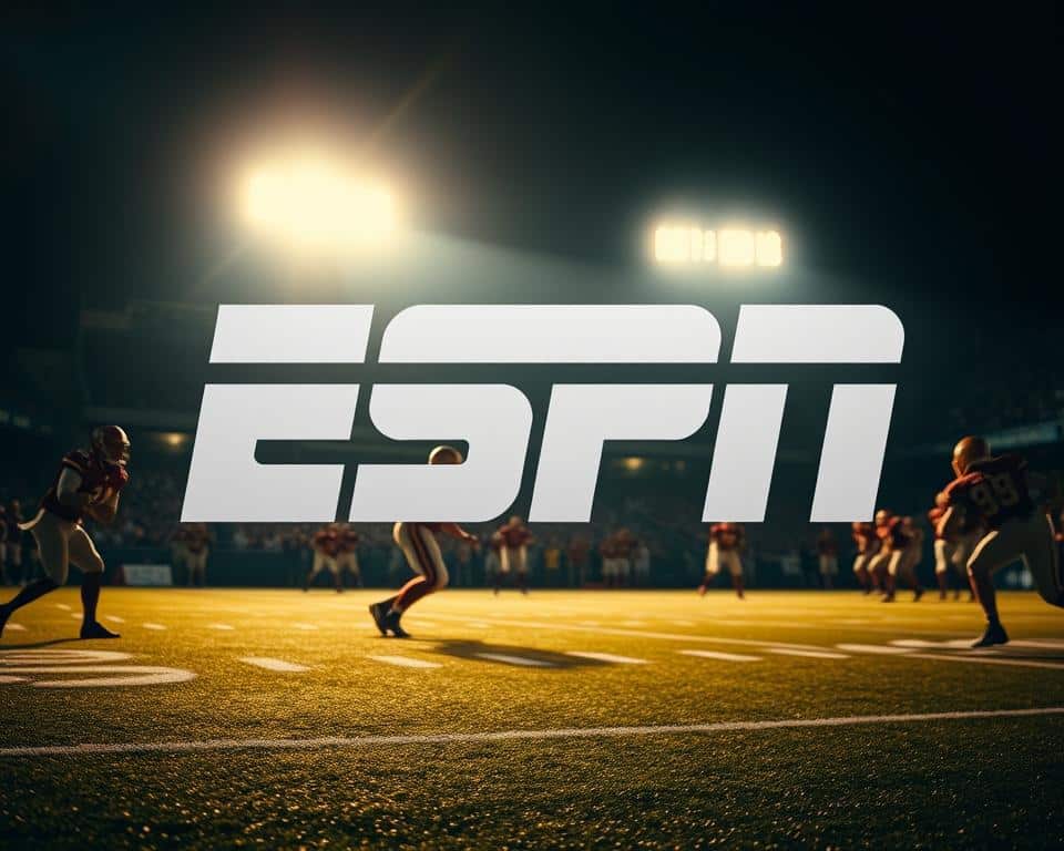 A dramatic Monday Night Football scene featuring the iconic ESPN logo prominently displayed in the foreground. The image is set against a dimly lit stadium backdrop, with the field illuminated by bright, focused stadium lighting. The players are in action, with a quarterback preparing to launch a pass downfield. The mood is one of intensity and anticipation, capturing the spirit of the Monday Night Football tradition. The composition is balanced, with the ESPN branding taking center stage, while the football action fills the middle ground. The overall aesthetic is cinematic, with a shallow depth of field and warm, saturated colors that evoke the feeling of a high-quality broadcast.