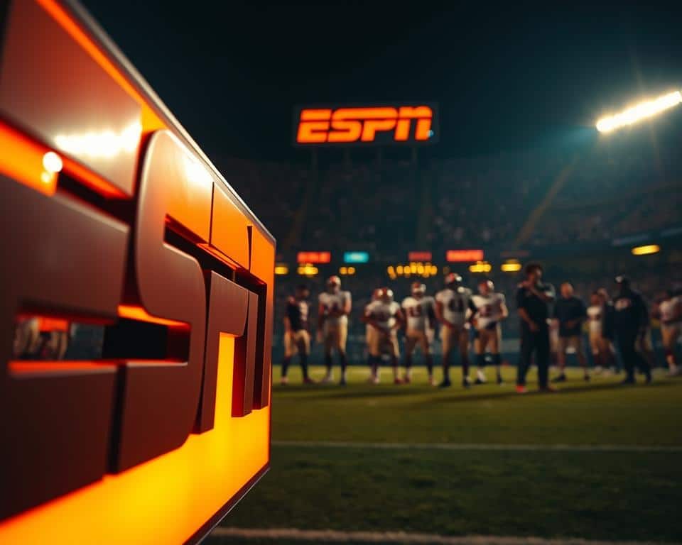A high-quality, cinematic image of the ESPN Monday Night Football broadcast. The foreground features a close-up of the ESPN logo illuminated in a warm, golden light, casting a soft glow over the scene. In the middle ground, a group of professional football players in dynamic poses are shown on a well-lit field, captured in a dramatic, high-contrast style. The background showcases a dimly lit stadium filled with cheering fans, creating a sense of energy and excitement. The overall composition and lighting evoke a premium, premium television experience. A high-quality, cinematic image of the ESPN Monday Night Football broadcast. The foreground features a close-up of the ESPN logo illuminated in a warm, golden light, casting a soft glow over the scene. In the middle ground, a group of professional football players in dynamic poses are shown on a well-lit field, captured in a dramatic, high-contrast style. The background showcases a dimly lit stadium filled with cheering fans, creating a sense of energy and excitement. The overall composition and lighting evoke a premium, premium television experience.