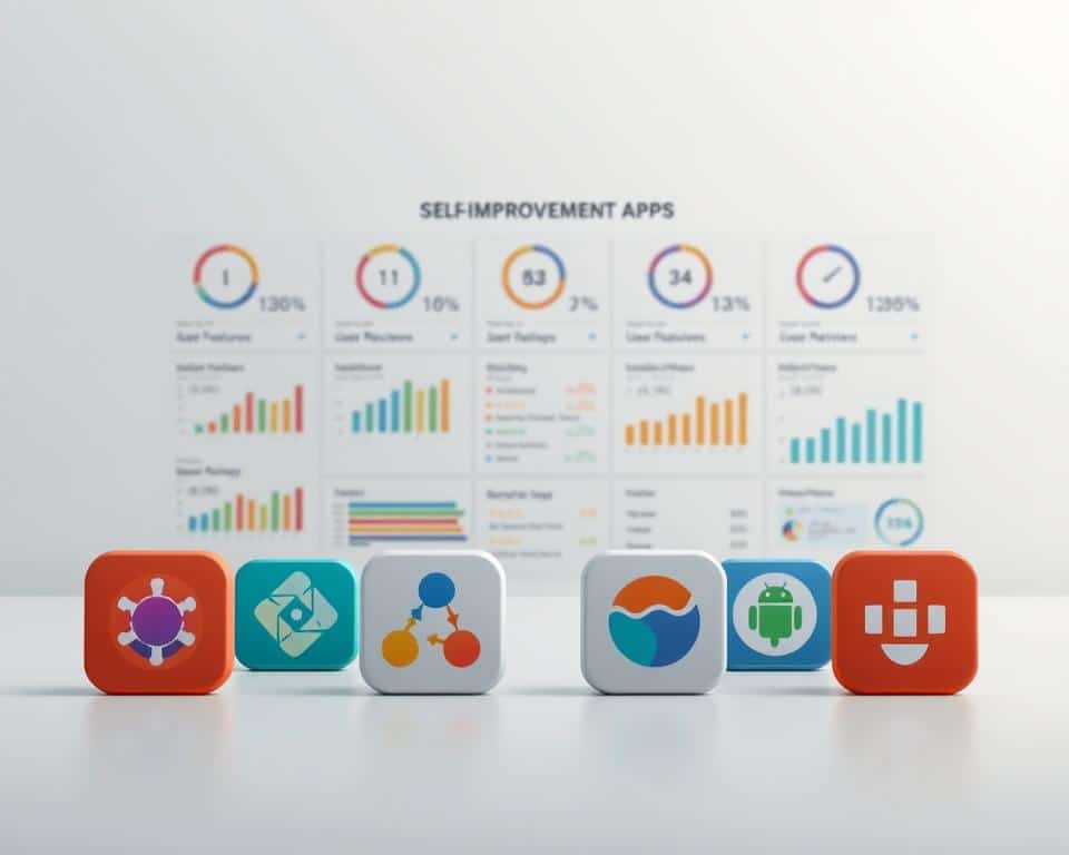 A high-quality digital illustration showcasing a comparative analysis of self-improvement apps. In the foreground, the app icons are prominently displayed, each with a distinct visual style and unique branding. The middle ground features detailed graphs, charts, and infographics that highlight the key features, user reviews, and performance metrics of each app. The background depicts a serene, minimalist environment with soft lighting and muted color tones, creating a clean and professional atmosphere. The overall composition conveys a sense of thoughtful evaluation, empowering the viewer to make an informed decision about the best self-improvement app for their needs.