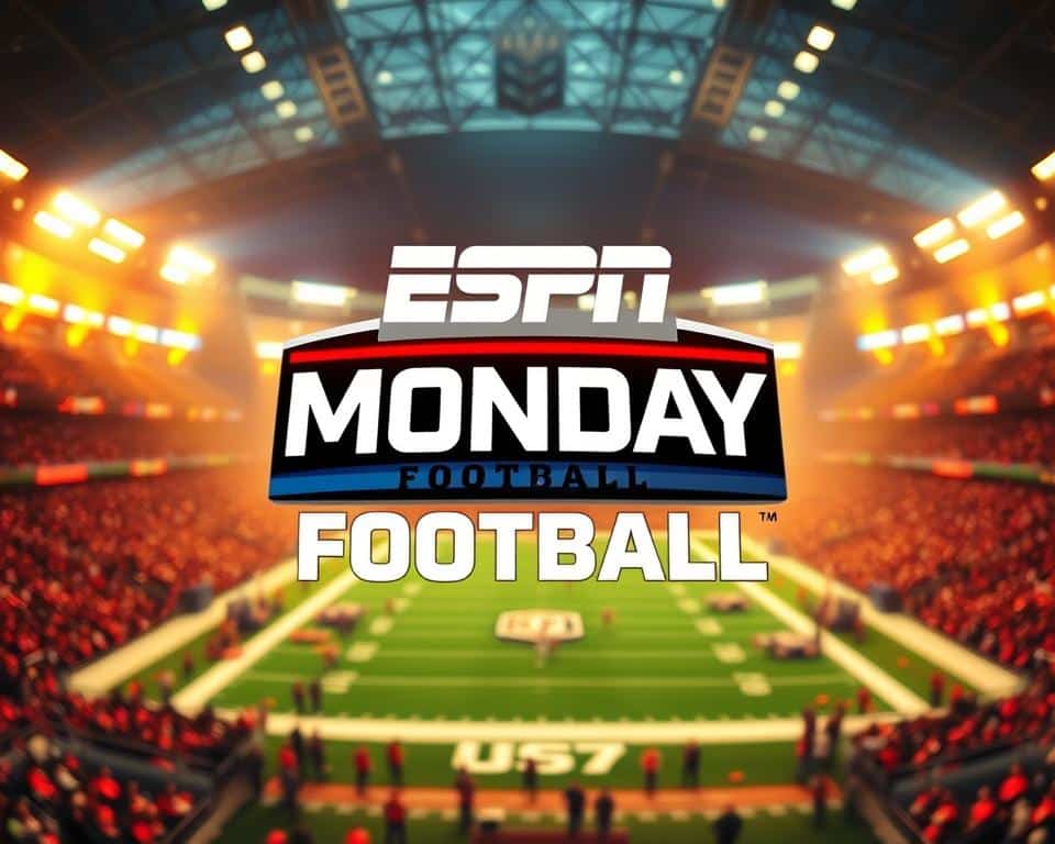 A high-quality, sports broadcast-style image of the ESPN Monday Night Football logo and branding, with a dramatic and dynamic composition. The camera angle should be low and slightly tilted, creating a sense of power and energy. The logo should be prominently featured in the center, surrounded by a vibrant, neon-lit stadium environment with blurred crowds and action in the background. Warm, saturated colors should dominate the scene, evoking the excitement and intensity of the NFL broadcast. Cinematic lighting, with strong directional shadows and highlights, should enhance the professional, televised aesthetic. The overall mood should be one of anticipation and spectacle, capturing the essence of the iconic Monday Night Football program. A high-quality, sports broadcast-style image of the ESPN Monday Night Football logo and branding, with a dramatic and dynamic composition. The camera angle should be low and slightly tilted, creating a sense of power and energy. The logo should be prominently featured in the center, surrounded by a vibrant, neon-lit stadium environment with blurred crowds and action in the background. Warm, saturated colors should dominate the scene, evoking the excitement and intensity of the NFL broadcast. Cinematic lighting, with strong directional shadows and highlights, should enhance the professional, televised aesthetic. The overall mood should be one of anticipation and spectacle, capturing the essence of the iconic Monday Night Football program.
