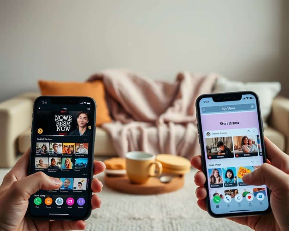 A meticulously crafted scene showcasing a side-by-side comparison of popular short drama streaming apps, set against a warm, inviting backdrop. In the foreground, smartphone screens display the app interfaces, their clean designs and vibrant colors accentuated by soft, diffused lighting. The middle ground features a tasteful arrangement of coffee mugs, snacks, and a cozy throw blanket, creating a comfortable, living room-like atmosphere. The background subtly blurs into a soothing gradient, allowing the focal point to remain the apps and their seamless user experience.