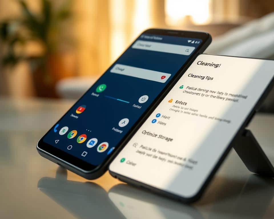 A meticulously organized Android device, with clean and tidy home screens, neatly arranged apps, and optimized storage. Warm, natural lighting illuminates the scene, casting a soft glow. The phone's display showcases practical cleaning tips and tricks, presented in a minimalist, easy-to-follow interface. In the background, a serene, blurred domestic setting, hinting at the importance of a well-maintained digital environment. The overall atmosphere conveys a sense of control, efficiency, and a streamlined approach to Android device management.