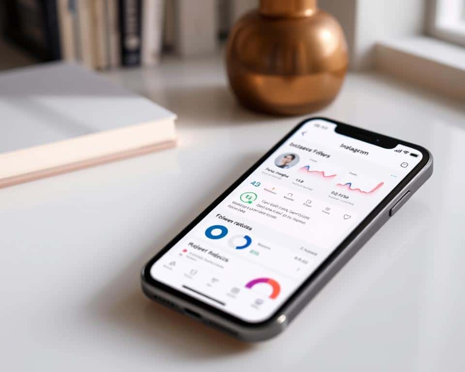 A mobile device displaying an iOS app interface for analyzing Instagram followers, with a clean and modern design. The app's main screen shows detailed metrics and insights about the user's follower activity, including recent follower changes, follower demographics, and engagement analytics. The interface features a sleek, minimalist aesthetic with a neutral color palette and crisp typography. The device is situated in a well-lit environment, perhaps an office or study, with soft, directional lighting that casts subtle shadows and highlights the device's form. The background is subtly blurred, keeping the focus on the app's interface and design. A mobile device displaying an iOS app interface for analyzing Instagram followers, with a clean and modern design. The app's main screen shows detailed metrics and insights about the user's follower activity, including recent follower changes, follower demographics, and engagement analytics. The interface features a sleek, minimalist aesthetic with a neutral color palette and crisp typography. The device is situated in a well-lit environment, perhaps an office or study, with soft, directional lighting that casts subtle shadows and highlights the device's form. The background is subtly blurred, keeping the focus on the app's interface and design.