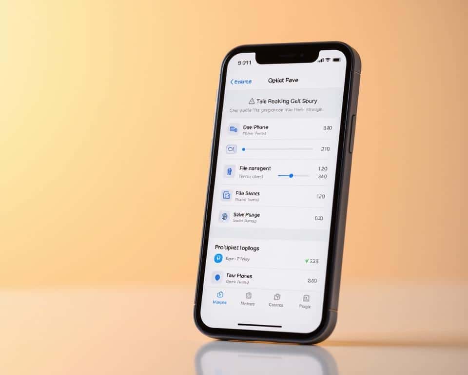 A serene and organized iPhone screen displays a well-designed app interface showcasing the key features of a comprehensive iPhone cleanup tool. The foreground features clean and intuitive UI elements, including optimization sliders, file management options, and storage analysis. The middle ground depicts a smooth, minimalist aesthetic with elegant typography and subtle iconography. The background subtly fades into a soft, blurred gradient, creating a sense of depth and focus on the central app interface. Warm lighting gently illuminates the scene, conveying a sense of productivity and efficiency. The overall composition and mood evoke a professional, polished, and user-friendly iPhone cleaning experience.