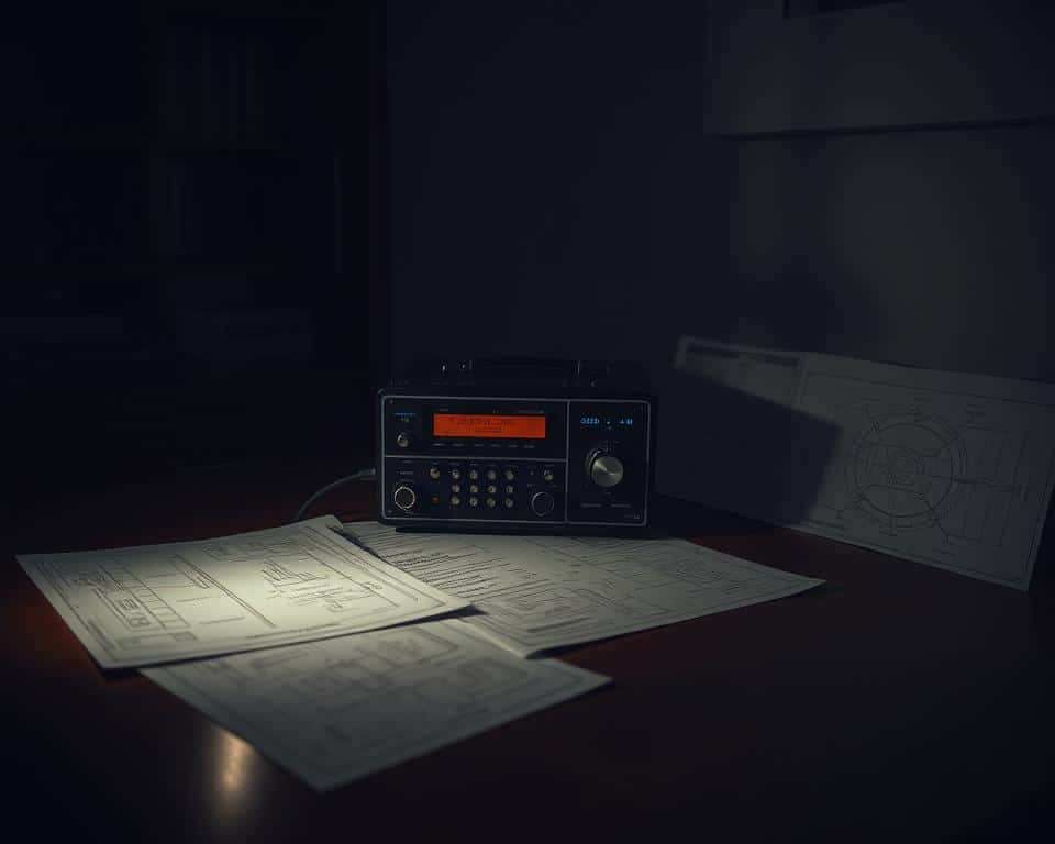 A serene, dimly lit room with a spiritual detection device positioned prominently on a wooden desk. The device has a sleek, modern design with various knobs, screens, and indicators glowing softly. Surrounding the device are detailed technical schematics and blueprints, neatly arranged, suggesting a meticulous and scientific approach to the paranormal investigation. The atmosphere is one of contemplation and focus, with muted lighting casting dramatic shadows and highlights across the scene. The overall mood evokes a sense of anticipation and the pursuit of unseen forces.