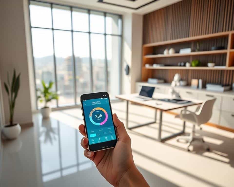 A serene, modern medical office setting with sleek, minimalist decor. In the foreground, a person's hand holds a mobile phone displaying a glucose monitoring app, the screen glowing with vibrant data visualizations. In the middle ground, a desk with a laptop and medical instruments, conveying the integration of technology and healthcare. The background features large windows, allowing natural light to flood the space, evoking a sense of wellness and vitality. The overall atmosphere is one of calm, confidence, and the empowerment that comes from taking control of one's health through innovative technology.