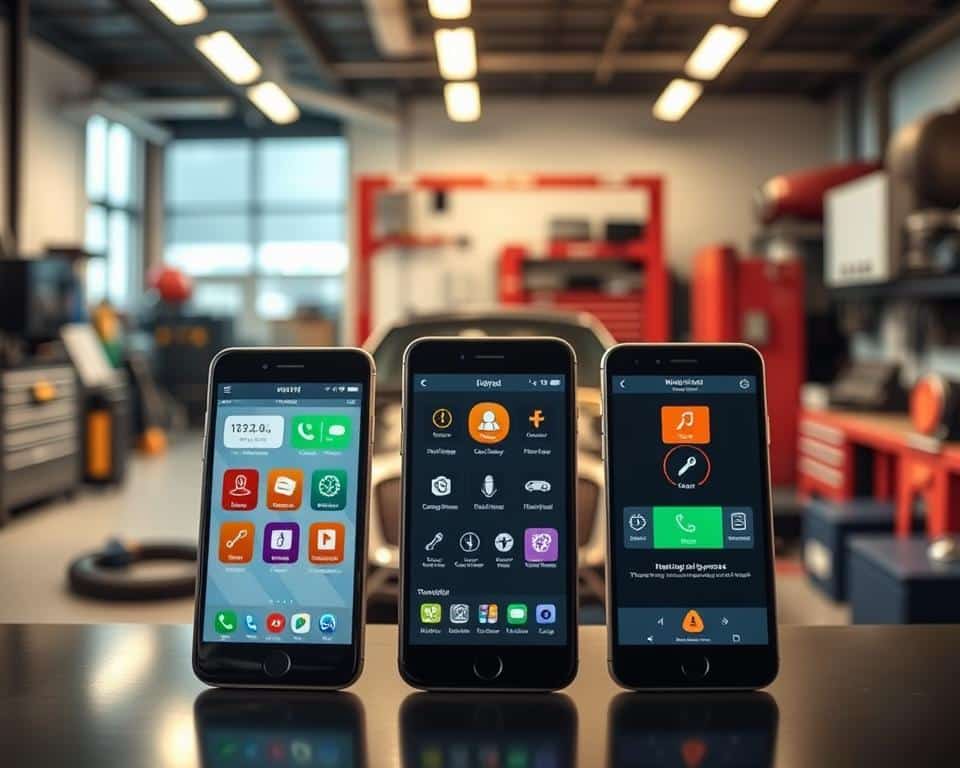A side-by-side comparison of the most popular automotive diagnostic apps, featuring a sleek and minimalist design. The foreground showcases three smartphones displaying the user interfaces of different apps, each with a distinct color scheme and intuitive layout. The middle ground depicts a modern, well-equipped auto repair workshop, with a range of tools and equipment visible in the background. The lighting is soft and warm, creating a professional and informative atmosphere that highlights the capabilities and features of these cutting-edge diagnostic tools.
