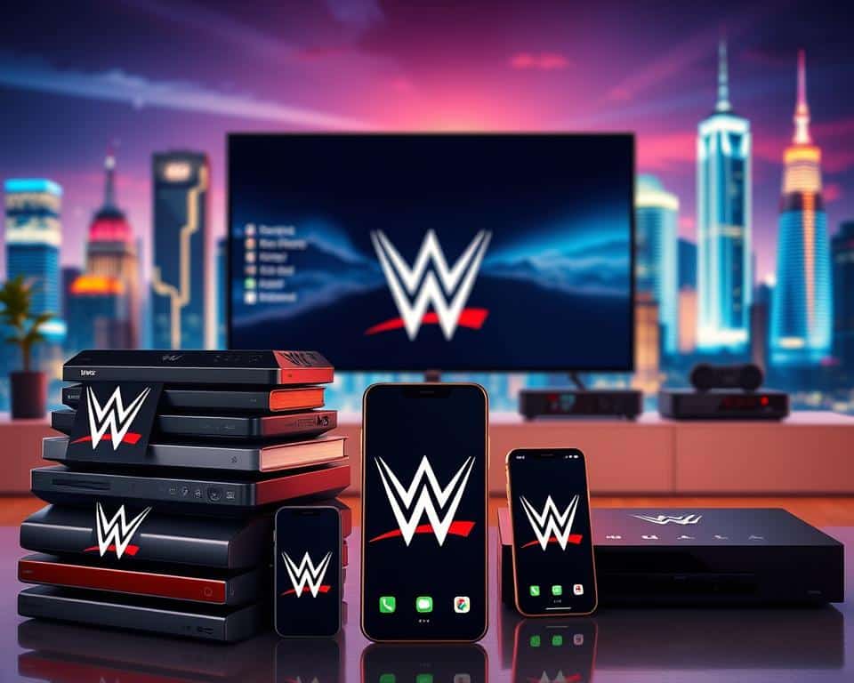 A vibrant and dynamic scene showcasing various streaming platforms offering WWE content. In the foreground, a stack of smart devices, tablets, and smartphones prominently display the WWE logo, symbolizing the accessibility of the service across multiple platforms. The middle ground features a sleek, modern media center with streaming devices and set-top boxes, creating a sense of technological integration. In the background, a stylized cityscape with skyscrapers and neon lights suggests a bustling urban environment, emphasizing the global reach and popularity of the WWE brand. Soft, warm lighting illuminates the scene, conveying a sense of energy and excitement. The overall composition is balanced, with a harmonious color palette and a focus on the key elements that represent the streaming services offering WWE content.