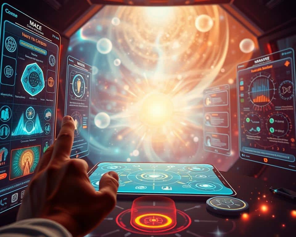 A vibrant, futuristic interface featuring a diverse array of interactive app functionalities. In the foreground, holographic panels and touch controls showcase the app's core features - browsing past lives, analyzing karmic patterns, and accessing spiritual insights. The middle ground features a serene, ethereal background with glowing orbs and wispy energy fields, conveying a sense of mysticism and transcendence. Warm, diffused lighting bathes the scene in a soft, contemplative glow, while the camera angle provides an elevated, immersive perspective. Overall, the image should inspire a sense of wonder, discovery, and the boundless potential of an app that can unlock the secrets of one's past lives.