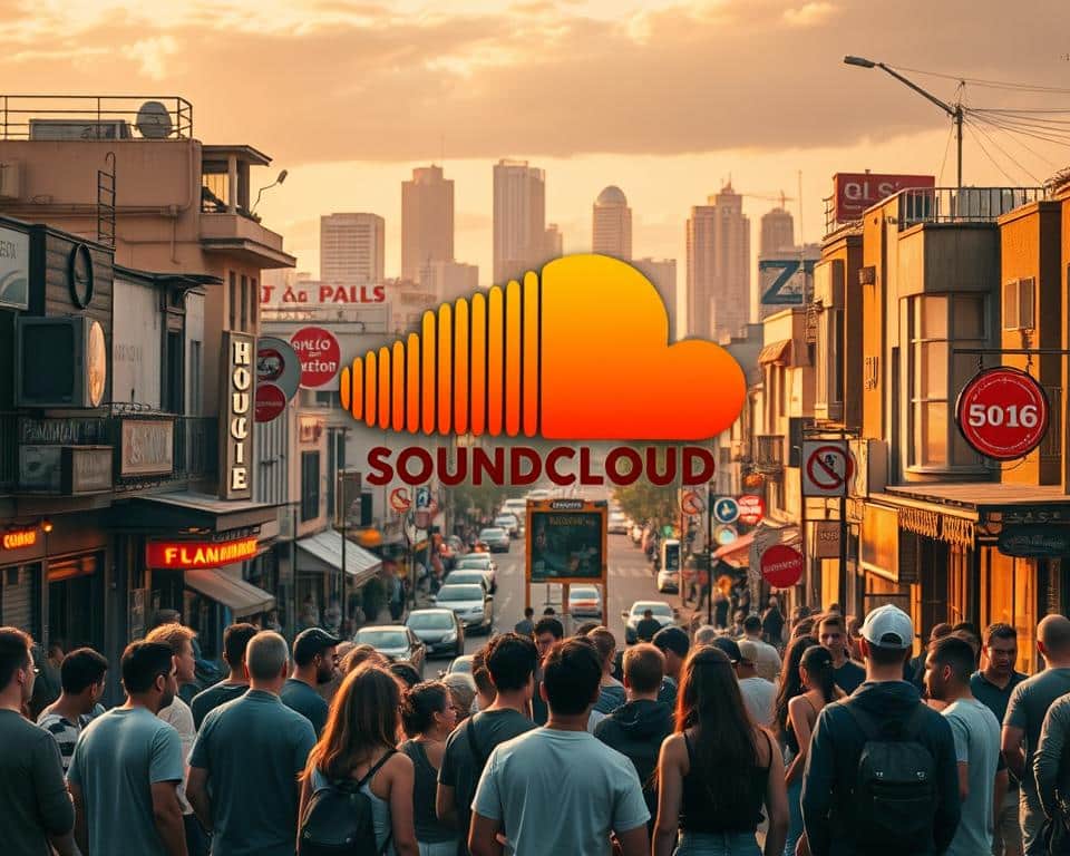 A warm, nostalgic cityscape featuring the iconic SoundCloud logo as the centerpiece, surrounded by a thriving musical community. In the foreground, a group of young musicians gather, sharing ideas and collaborating on new tracks. The middle ground showcases a bustling street lined with recording studios, indie music venues, and record shops, all bathed in a golden hour glow. In the background, a skyline of retro-inspired buildings and neon signs creates a vibrant, vintage atmosphere, reflecting the timeless appeal of SoundCloud's musical ecosystem. Soft, diffused lighting and a slightly muted color palette evoke a sense of reflection and nostalgia, capturing the essence of the "SoundCloud: O Berço Dos Novos Talentos Nostálgicos" section.