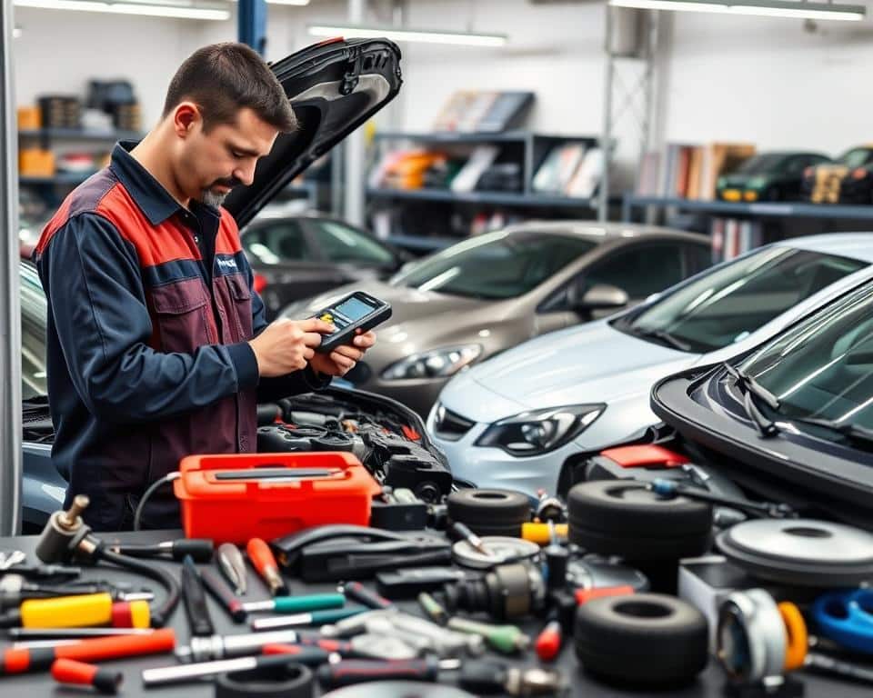 A well-lit automotive workshop with a technician examining a car's engine using a handheld diagnostic tool. In the foreground, a collection of tools and spare parts neatly organized on a workbench. The middle ground showcases a range of car models, representing the diverse vehicle types the technician can service. In the background, shelves of automotive manuals and reference materials, conveying the depth of knowledge required to troubleshoot and solve complex automotive problems. The overall atmosphere is one of professionalism, problem-solving, and a commitment to providing practical solutions to vehicle owners.