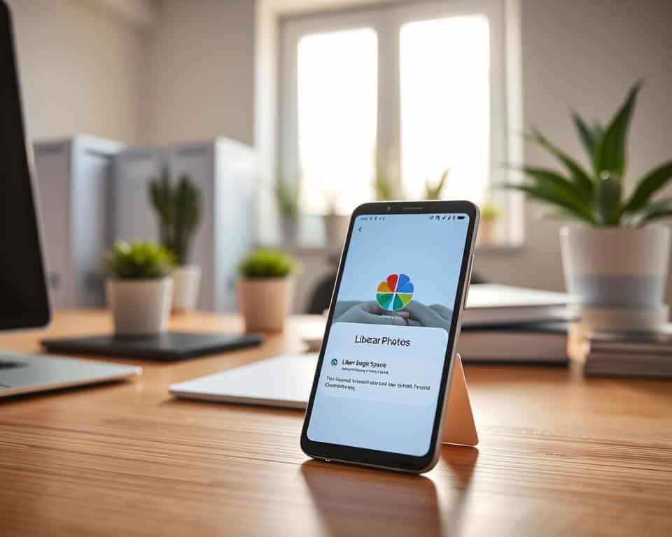 A well-organized and neatly arranged workspace, with a smartphone prominently displayed on a wooden desk. The phone's screen shows the Google Photos app, showcasing the "Liberar Espaço" (Free Up Space) feature. Soft natural lighting filters through a window, casting a warm glow on the scene. The background features a minimalist, uncluttered office environment, with a few potted plants adding a touch of greenery. The overall mood is one of productivity and organization, reflecting the article's focus on improving smartphone performance and freeing up storage space.