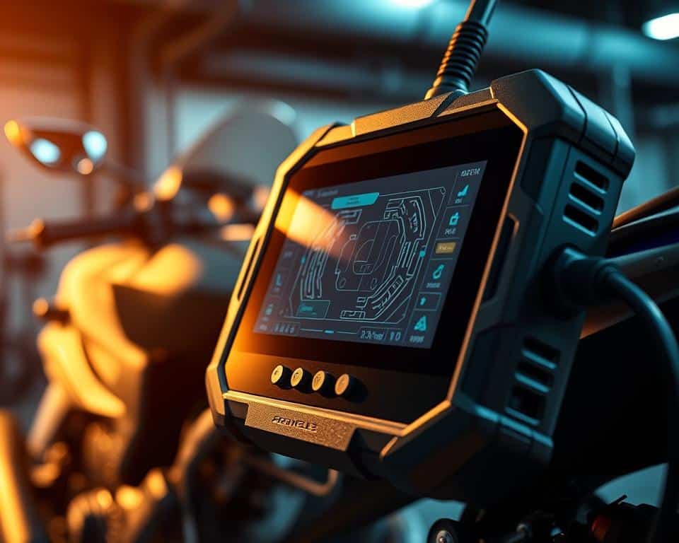 Advanced automotive scanner with cutting-edge technology, featuring a sleek and modern design. Detailed close-up view showcasing the scanner's precision components, intricate circuits, and high-resolution display. Set against a dimly lit, industrial-style background, highlighting the scanner's technical prowess. Warm, focused lighting illuminates the scanner's surfaces, creating a sense of depth and highlighting its advanced features. The overall composition conveys the scanner's sophistication, power, and ability to provide comprehensive diagnostic solutions for modern motorcycles.