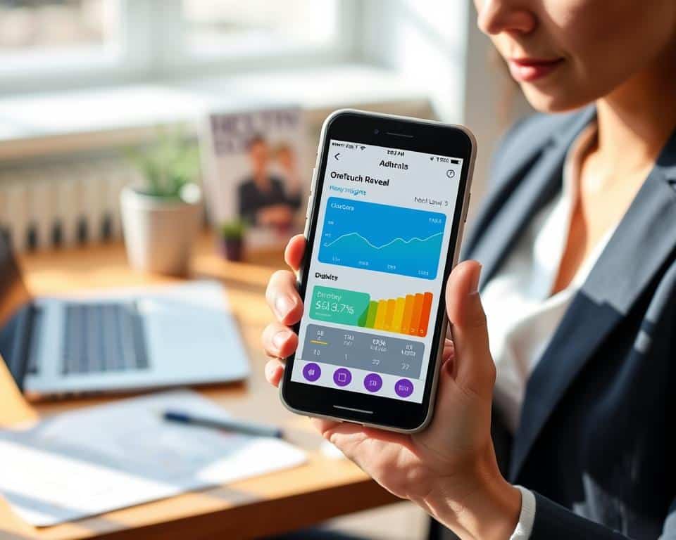 A close-up of a smartphone displaying the OneTouch Reveal diabetes management app interface, featuring clear and colorful graphs of glucose levels and dietary insights. The phone is held by a person in a professional business attire, showcasing a focused expression while analyzing the data. In the background, a well-lit modern office setting with a wooden desk, a laptop, and a health-related brochure subtly hint at a commitment to wellness. Soft, natural lighting creates an inviting atmosphere, casting gentle shadows that enhance the depth of the scene. The focal point is on the app's vibrant display, emphasizing its user-friendly features designed for diabetes management. A close-up of a smartphone displaying the OneTouch Reveal diabetes management app interface, featuring clear and colorful graphs of glucose levels and dietary insights. The phone is held by a person in a professional business attire, showcasing a focused expression while analyzing the data. In the background, a well-lit modern office setting with a wooden desk, a laptop, and a health-related brochure subtly hint at a commitment to wellness. Soft, natural lighting creates an inviting atmosphere, casting gentle shadows that enhance the depth of the scene. The focal point is on the app's vibrant display, emphasizing its user-friendly features designed for diabetes management.