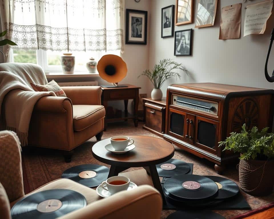 A cozy and inviting living room scene with vintage elements, featuring a classic wooden radio playing oldies music. In the foreground, a comfortable armchair with a soft throw blanket is placed beside a small wooden table, where a steaming cup of tea sits. The middle section showcases an antique gramophone and vinyl records scattered on the floor, reflecting a warm, nostalgic atmosphere. In the background, soft light filters through a window adorned with lace curtains, illuminating framed black-and-white photos and musical notes on the walls. The overall mood is serene and reminiscent, evoking a sense of warmth and fond memories associated with listening to favorite classic tunes.