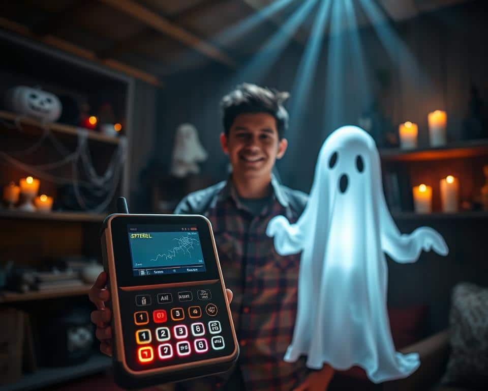 A ghost detection scene featuring a friendly-looking ghost in a dimly lit, cozy room. In the foreground, a high-tech ghost detector device glows softly, with buttons and screens displaying eerie spectral readings. The middle ground includes a curious individual wearing modest casual clothing, holding the detector with a look of excitement and intrigue. In the background, shelves are lined with spooky decorations, like cobwebs and flickering candles, creating an inviting yet mysterious atmosphere. Soft beams of light illuminate the space, hinting at a playful and adventurous mood. The overall ambiance is warm yet slightly eerie, setting the stage for a fun and secure ghost-hunting experience.