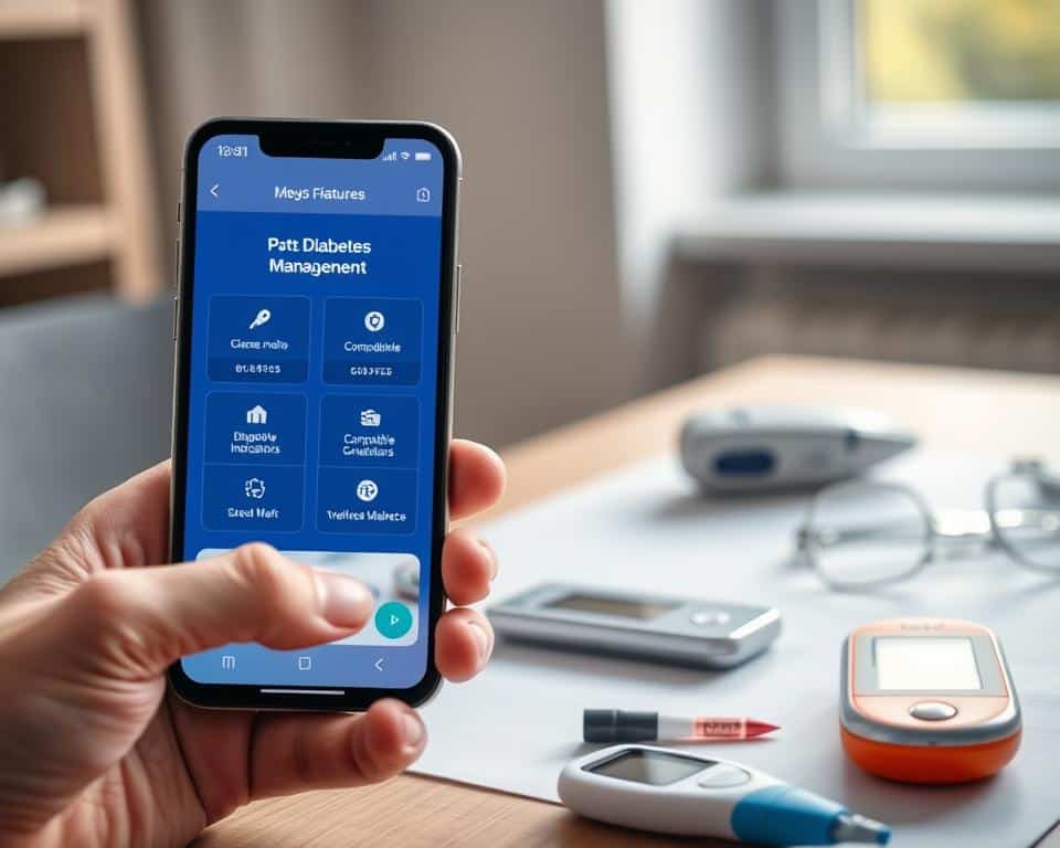 A modern and sleek smartphone displaying a diabetes management app on its vibrant screen, emphasizing features like glucose monitoring, cost comparison, compatibility indicators, and user-friendly interface. In the foreground, a hand gently interacts with the app, showcasing ease of use. The middle ground features a blurred table with diabetes management tools like glucose meters and medication, creating a practical atmosphere. In the background, soft, natural lighting filters through a window, adding a warm and inviting ambiance. The overall mood is informative and supportive, focused on health and technology. The scene conveys professionalism, suitable for an article on effective diabetes monitoring solutions. A modern and sleek smartphone displaying a diabetes management app on its vibrant screen, emphasizing features like glucose monitoring, cost comparison, compatibility indicators, and user-friendly interface. In the foreground, a hand gently interacts with the app, showcasing ease of use. The middle ground features a blurred table with diabetes management tools like glucose meters and medication, creating a practical atmosphere. In the background, soft, natural lighting filters through a window, adding a warm and inviting ambiance. The overall mood is informative and supportive, focused on health and technology. The scene conveys professionalism, suitable for an article on effective diabetes monitoring solutions.