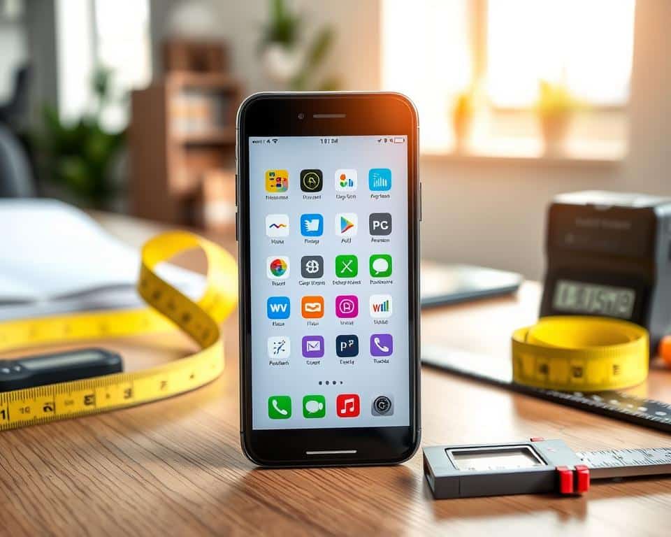 A modern smartphone displaying various measurement apps on its screen, placed on a wooden desk surrounded by measuring tape, a digital caliper, and a ruler. In the foreground, the phone is sharply focused, showcasing the app icons for precise object measurement. The middle background features a soft, blurred view of a well-lit office environment, with natural light streaming in from a window, casting gentle shadows. The atmosphere is professional and inspiring, emphasizing innovation and technology in everyday tasks. Capture the image using a macro lens to highlight the details on the phone screen, maintaining a clear and clean aesthetic without any text or distractions. A modern smartphone displaying various measurement apps on its screen, placed on a wooden desk surrounded by measuring tape, a digital caliper, and a ruler. In the foreground, the phone is sharply focused, showcasing the app icons for precise object measurement. The middle background features a soft, blurred view of a well-lit office environment, with natural light streaming in from a window, casting gentle shadows. The atmosphere is professional and inspiring, emphasizing innovation and technology in everyday tasks. Capture the image using a macro lens to highlight the details on the phone screen, maintaining a clear and clean aesthetic without any text or distractions.
