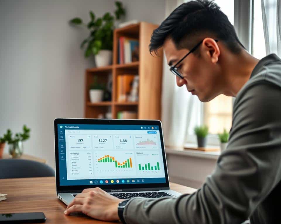 A modern workspace showcasing a sleek laptop screen displaying the AirDroid Parental Control interface, featuring vibrant graphs and communication logs. In the foreground, a focused parent in smart casual attire is shown monitoring the application, their face reflecting a sense of determination and care. The background includes a cozy room with soft, natural lighting filtering through a window, creating a warm atmosphere. A bookshelf filled with educational materials and plants adds to the setting's tranquility. The mood is one of professionalism and dedication to family well-being, capturing the essence of advanced monitoring and control in a digital age. The overall composition should maintain a clean, organized aesthetic, emphasizing technology and parental insight.