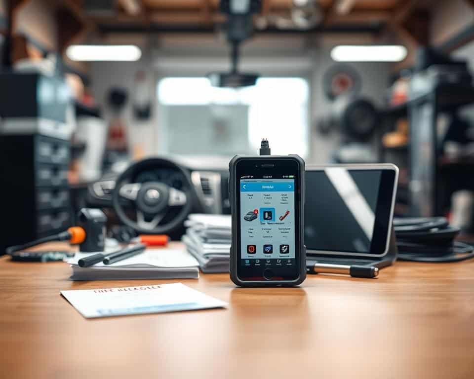 A sleek ELM OBD2 scanner device prominently displayed in the foreground, showcasing its modern design with illuminated LED lights indicating connectivity. Surrounding the scanner, an iOS device with a reflective screen showing a diagnostic app interface. The middle ground features a neatly organized workspace, including automotive manuals and tools, suggesting a professional mechanic's environment. In the background, a warm, ambient garage setting with soft overhead lights creates a focused atmosphere, while a blurred image of a car dashboard hints at the vehicle being diagnosed. The composition captures the essence of automotive diagnostics with a clean, polished look, emphasizing precision and technology. The lighting is soft yet clear, enhancing the details of the scanner and electronic devices.