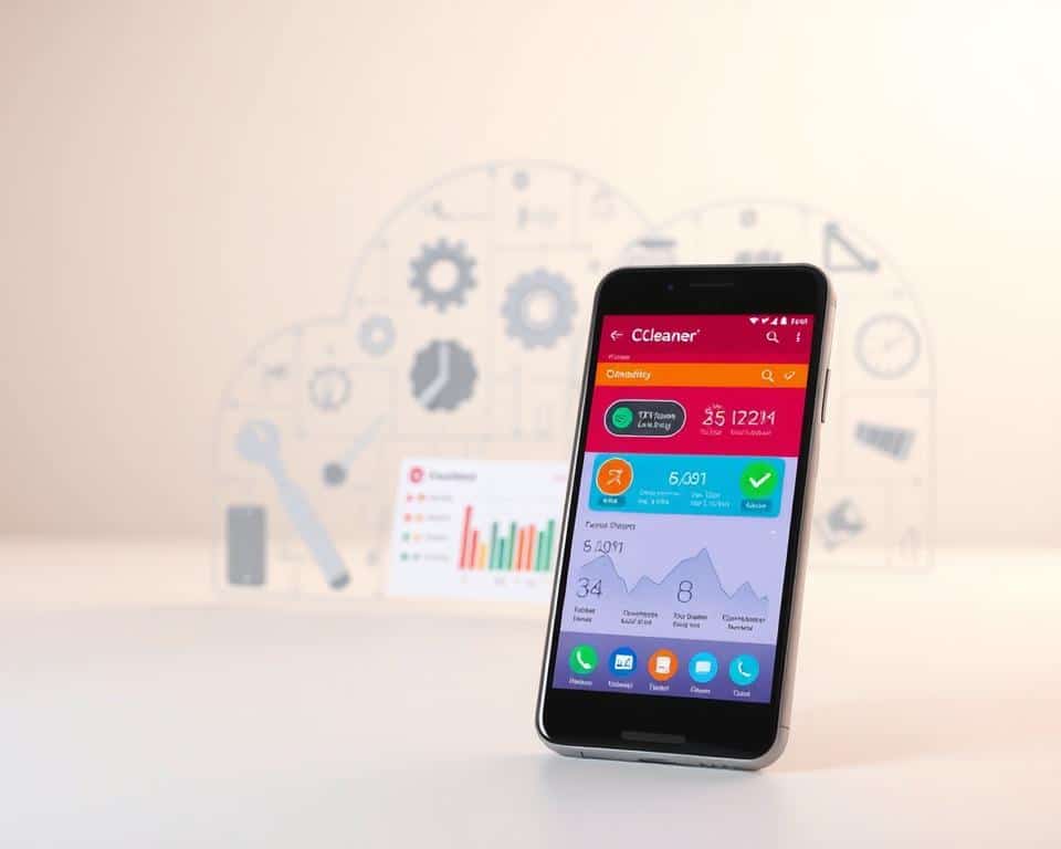 A sleek and modern smartphone is showcased in the foreground, with a vibrant interface displaying the CCleaner app focused on optimizing mobile performance. The phone's screen exhibits detailed graphics of memory usage and optimization progress, with colorful charts and icons. In the middle ground, various digital tools and clean-up elements, like gears and checkmarks, emphasize the app's functionality. The background depicts an abstract representation of a digital cloud, symbolizing data management and optimization. Soft, diffused lighting bathes the scene in a tech-savvy atmosphere, creating a sense of efficiency and innovation. The image captures the essence of mobile performance enhancement, encouraging a professional and clean aesthetic.
