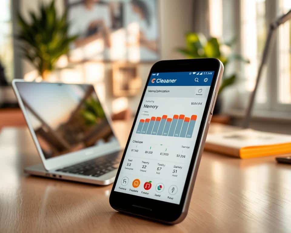 A sleek, modern smartphone displayed prominently in the foreground, showcasing the CCleaner app interface with colorful graphs and data about memory optimization. In the middle ground, a stylish workspace with a clean desk featuring a laptop, a potted plant, and some tech accessories, reflecting a sense of productivity. The background features a soft-focus view of a contemporary home office with warm sunlight streaming through a window, creating a bright and inviting atmosphere. The scene exudes a sense of efficiency and organization, highlighting the importance of device optimization. Use soft lighting to enhance the clean aesthetic, capturing a dynamic angle that suggests movement and improvement in technology. The overall mood should feel inspiring and professional. A sleek, modern smartphone displayed prominently in the foreground, showcasing the CCleaner app interface with colorful graphs and data about memory optimization. In the middle ground, a stylish workspace with a clean desk featuring a laptop, a potted plant, and some tech accessories, reflecting a sense of productivity. The background features a soft-focus view of a contemporary home office with warm sunlight streaming through a window, creating a bright and inviting atmosphere. The scene exudes a sense of efficiency and organization, highlighting the importance of device optimization. Use soft lighting to enhance the clean aesthetic, capturing a dynamic angle that suggests movement and improvement in technology. The overall mood should feel inspiring and professional.