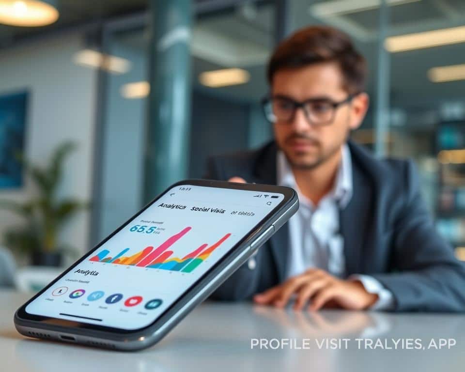 A sleek, modern smartphone displaying a vibrant analytics app interface, showcasing colorful graphs and visualizations of social media profile visits. In the foreground, a close-up of the phone’s screen reveals user-friendly charts and metrics. In the middle ground, a business professional dressed in smart casual attire observes the screen with a look of concentration, highlighting the practical use of the app. The background fades into a stylish, tech-inspired workspace with soft ambient lighting, emphasizing a relaxed yet focused atmosphere. This composition captures the essence of technology and social media analysis, ideal for illustrating an article about profile visit tracking apps. A sleek, modern smartphone displaying a vibrant analytics app interface, showcasing colorful graphs and visualizations of social media profile visits. In the foreground, a close-up of the phone’s screen reveals user-friendly charts and metrics. In the middle ground, a business professional dressed in smart casual attire observes the screen with a look of concentration, highlighting the practical use of the app. The background fades into a stylish, tech-inspired workspace with soft ambient lighting, emphasizing a relaxed yet focused atmosphere. This composition captures the essence of technology and social media analysis, ideal for illustrating an article about profile visit tracking apps.