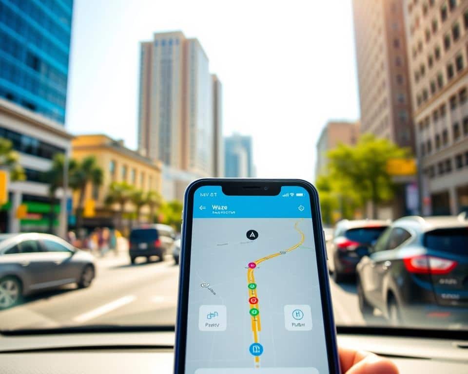 A smartphone displaying the Waze navigation app on its screen, prominently featuring a radar detector interface. The foreground includes the phone's sleek design with a touch interface, showing a friendly map layout and radar icons. The middle ground presents a busy city street backdrop, with vehicles and pedestrians, conveying a dynamic urban environment. The background showcases tall buildings under a clear blue sky, bathed in bright daylight, creating an energetic atmosphere. Emphasize a warm color palette with hints of green and blue. The image captures a moment of focus and reliability, illustrating technology enhancing road safety, with no text or distractions. A smartphone displaying the Waze navigation app on its screen, prominently featuring a radar detector interface. The foreground includes the phone's sleek design with a touch interface, showing a friendly map layout and radar icons. The middle ground presents a busy city street backdrop, with vehicles and pedestrians, conveying a dynamic urban environment. The background showcases tall buildings under a clear blue sky, bathed in bright daylight, creating an energetic atmosphere. Emphasize a warm color palette with hints of green and blue. The image captures a moment of focus and reliability, illustrating technology enhancing road safety, with no text or distractions.