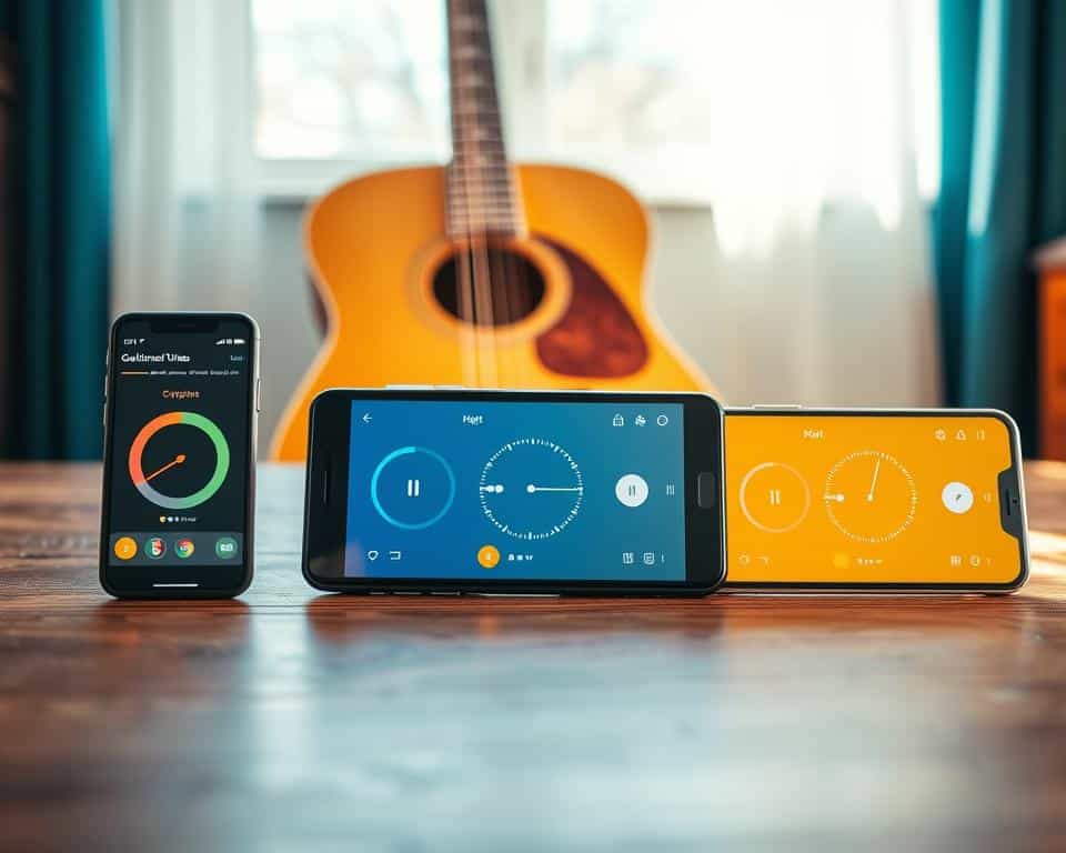 A vibrant and engaging comparative image featuring three different guitar tuning apps displayed prominently on modern smartphone screens, placed on a wooden table. In the foreground, the devices show colorful and user-friendly interfaces with clear icons and tuning meters. The middle ground features a stylish acoustic guitar leaning casually against the table, while in the background, soft natural light filters through a nearby window, creating a warm and inviting atmosphere. The setting is cozy yet professional, suggesting a practice space ideal for musicians. The overall mood is inspiring, encouraging aspiring guitar players to explore these cutting-edge tuning applications for 2025. A vibrant and engaging comparative image featuring three different guitar tuning apps displayed prominently on modern smartphone screens, placed on a wooden table. In the foreground, the devices show colorful and user-friendly interfaces with clear icons and tuning meters. The middle ground features a stylish acoustic guitar leaning casually against the table, while in the background, soft natural light filters through a nearby window, creating a warm and inviting atmosphere. The setting is cozy yet professional, suggesting a practice space ideal for musicians. The overall mood is inspiring, encouraging aspiring guitar players to explore these cutting-edge tuning applications for 2025.