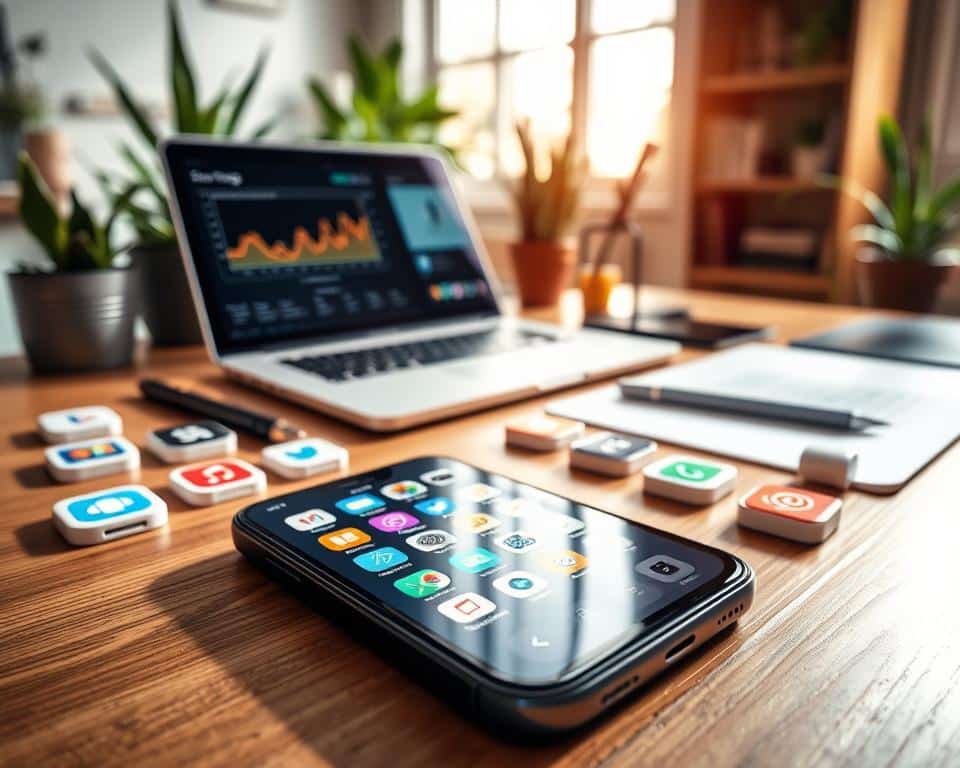 A vibrant and engaging workspace featuring an iPhone on a modern wooden desk, surrounded by various icons representing mobile apps for optimizing storage space. In the foreground, the iPhone screen displays colorful app icons like storage managers and cleaner tools, illuminated by soft natural light coming from a nearby window. The middle ground shows a sleek laptop open, showcasing graphs and analytics related to memory usage. The background contains houseplants and a cozy bookshelf, creating a warm and inviting atmosphere. The overall mood is productive and tech-savvy, capturing the essence of efficiency in managing smartphone storage. Use a slightly angled perspective to add depth and interest to the composition. A vibrant and engaging workspace featuring an iPhone on a modern wooden desk, surrounded by various icons representing mobile apps for optimizing storage space. In the foreground, the iPhone screen displays colorful app icons like storage managers and cleaner tools, illuminated by soft natural light coming from a nearby window. The middle ground shows a sleek laptop open, showcasing graphs and analytics related to memory usage. The background contains houseplants and a cozy bookshelf, creating a warm and inviting atmosphere. The overall mood is productive and tech-savvy, capturing the essence of efficiency in managing smartphone storage. Use a slightly angled perspective to add depth and interest to the composition.