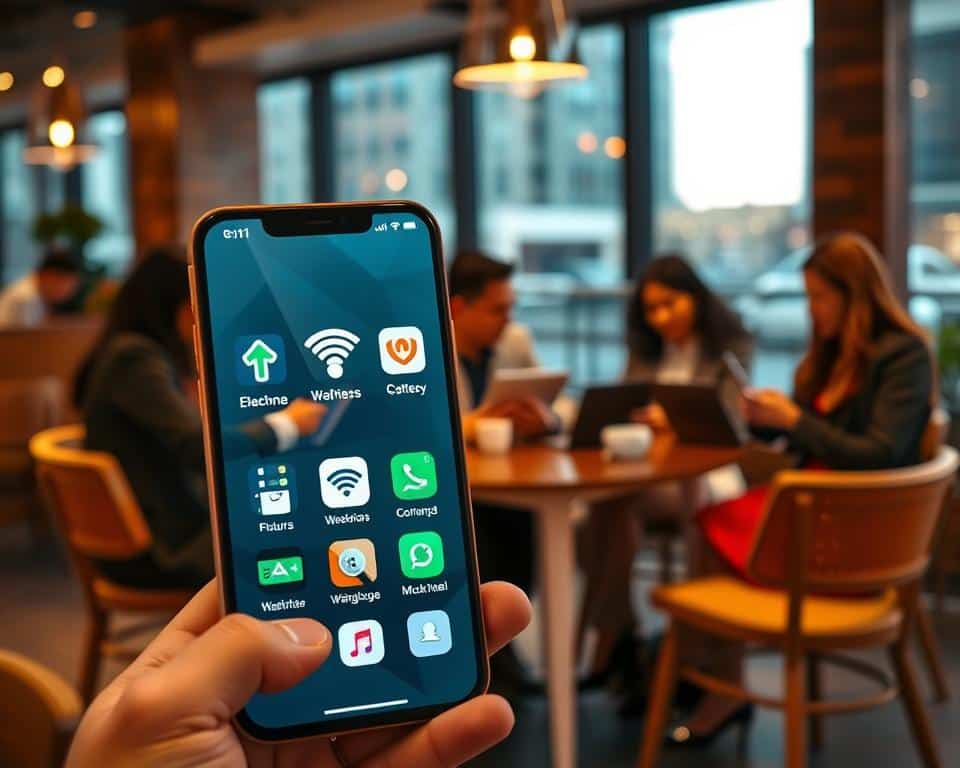 A vibrant and informative scene illustrating the best apps for connecting to open Wi-Fi networks. In the foreground, a modern smartphone displaying well-designed app icons related to Wi-Fi connection, glowing softly in the ambient light. In the middle ground, a diverse group of individuals, dressed in professional business attire, discussing their devices while seated at a trendy café table, laptops and tablets nearby. The background features a cozy café with warm lighting, wooden accents, and a large window showcasing an urban landscape. Soft bokeh effect on the background to create a sense of depth, while maintaining focus on the apps and engaged individuals. The atmosphere is lively and collaborative, reflecting innovation and connectivity. A vibrant and informative scene illustrating the best apps for connecting to open Wi-Fi networks. In the foreground, a modern smartphone displaying well-designed app icons related to Wi-Fi connection, glowing softly in the ambient light. In the middle ground, a diverse group of individuals, dressed in professional business attire, discussing their devices while seated at a trendy café table, laptops and tablets nearby. The background features a cozy café with warm lighting, wooden accents, and a large window showcasing an urban landscape. Soft bokeh effect on the background to create a sense of depth, while maintaining focus on the apps and engaged individuals. The atmosphere is lively and collaborative, reflecting innovation and connectivity.