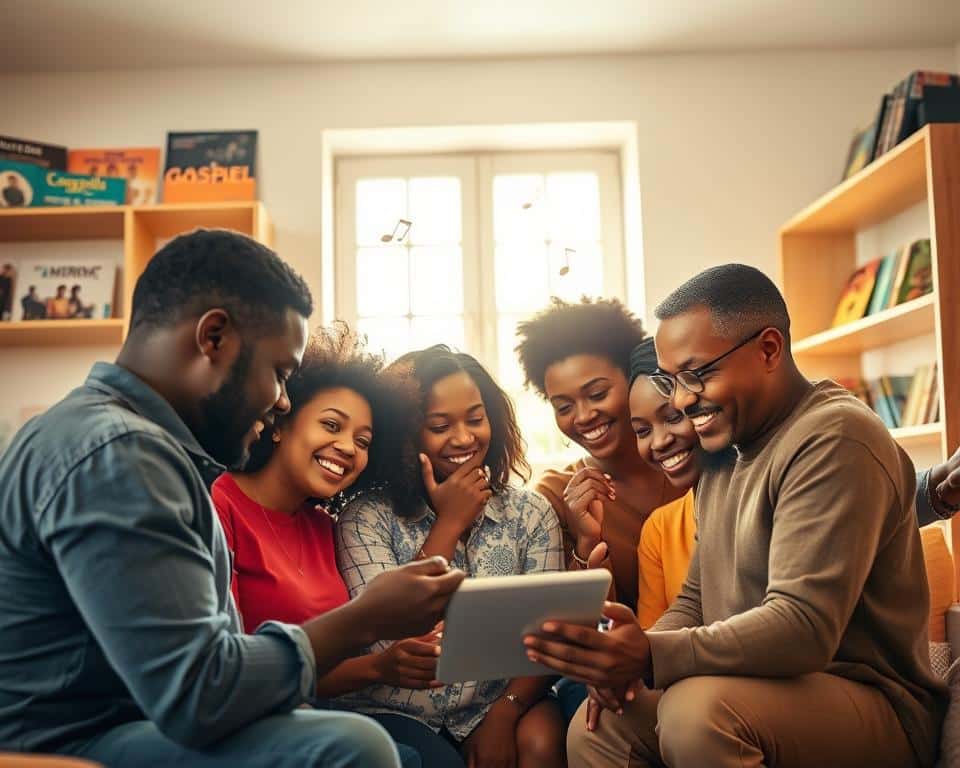 A vibrant scene depicting a diverse group of people enjoying gospel music in a cozy, well-lit living room. In the foreground, several individuals of different ages and ethnicities gather around a modern digital device, such as a tablet or smartphone, with music notes subtly floating around, symbolizing the joy of music. In the middle ground, softly lit shelves adorned with vibrant gospel albums and accolades create a warm atmosphere. The background features a window allowing natural sunlight to stream in, casting gentle rays across the scene. The mood is uplifting and celebratory, reflecting the power of gospel music that unites and inspires. Use soft focus to evoke a sense of intimacy and warmth in the composition.