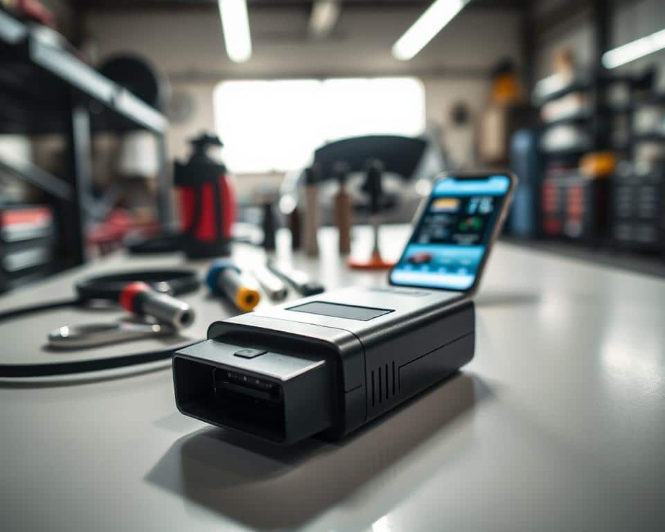 A close-up view of an OBD2 car diagnostic adapter placed on a clean, well-lit workbench. The adapter is prominently featured in the foreground, showcasing its ports and sleek design. In the middle, various automotive tools and a smartphone with a connected app displaying car diagnostics are visible, indicating its use in vehicle scanning. The background includes a blurred view of a garage with car parts and tools, enhancing the automotive theme. Soft, focused lighting highlights the adapter's details, creating a professional and technical atmosphere, suggesting efficiency and innovation in automotive diagnostics. The scene reflects a modern, tech-savvy environment related to car maintenance.