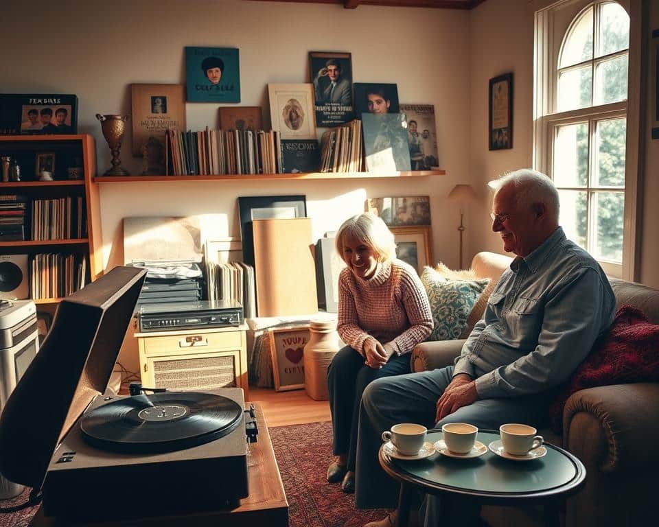 A cozy vintage living room filled with warm natural light streaming through a large window. In the foreground, an elderly couple, dressed in modest casual clothing, is enjoying music on a classic record player, smiling as they share memories. The woman is holding a vinyl record, while the man carefully adjusts the player. In the middle ground, shelves filled with old records and musical memorabilia create a nostalgic atmosphere. In the background, a vintage sofa with colorful throw pillows and a small coffee table holding cups of tea set the scene. Soft shadows dance on the walls, enhancing the warm, inviting mood, reminiscent of joyful moments spent rediscovering old tunes.