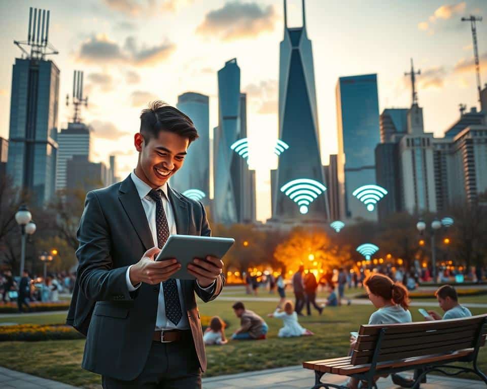 A futuristic cityscape featuring a diverse group of people using mobile devices to connect to free WiFi networks. In the foreground, a young professional in smart business attire excitedly connects to the internet on their tablet, showcasing a glowing interface with connectivity symbols. The middle ground reveals a vibrant park filled with families enjoying outdoor activities, where others are sitting on benches, engaged with their devices. The background showcases sleek, modern skyscrapers adorned with antennas and glowing holographic WiFi signals, all illuminated during a picturesque sunset. The atmosphere is optimistic and lively, symbolizing connectivity and access, with soft, warm lighting casting a welcoming glow throughout the scene.